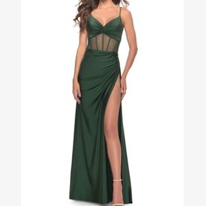 LA FEMME Sheer Corset Bodice Long Jersey Dress